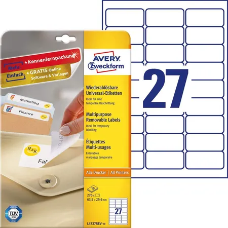 Avery Zweckform L4737REV-10 Universal-Etiketten,A4 63,5 x 29,6 mm, 10 Bogen/270 Etiketten, weiß