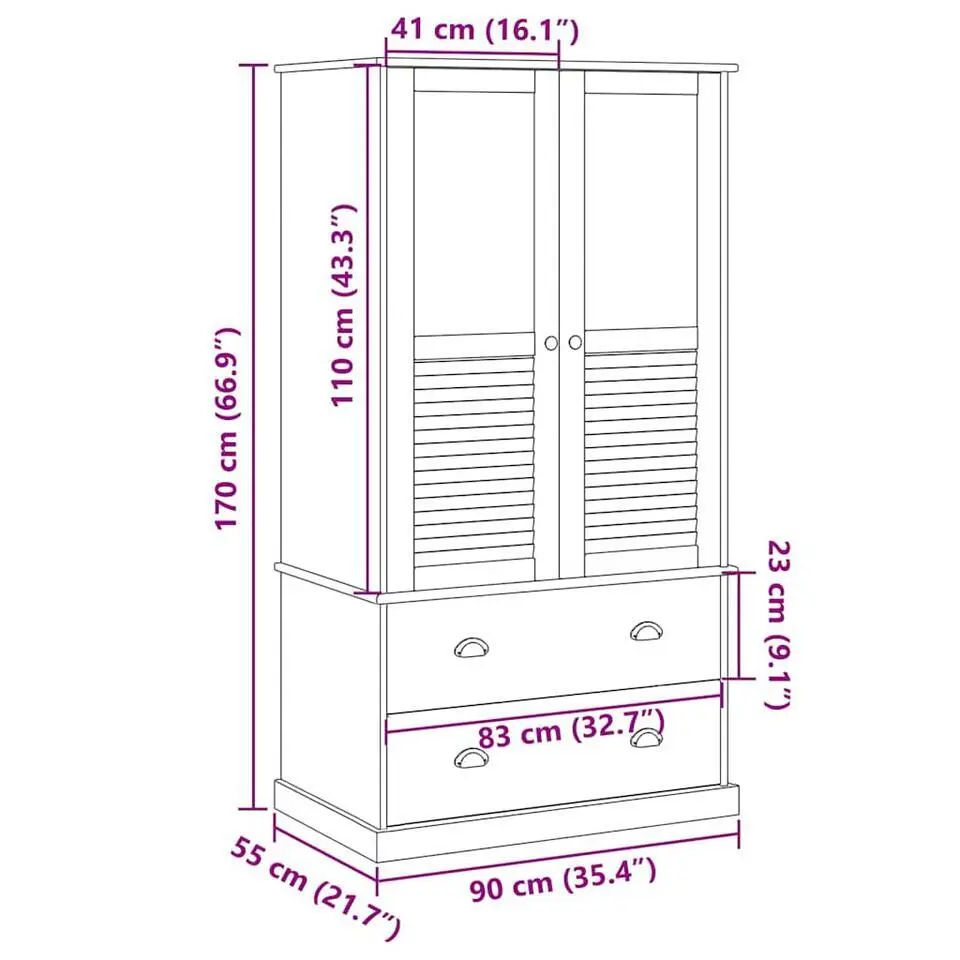 vidaXL - Kledingkast VIGO met 2 lades - Grenenhout - Grijs - 90x55x170 cm