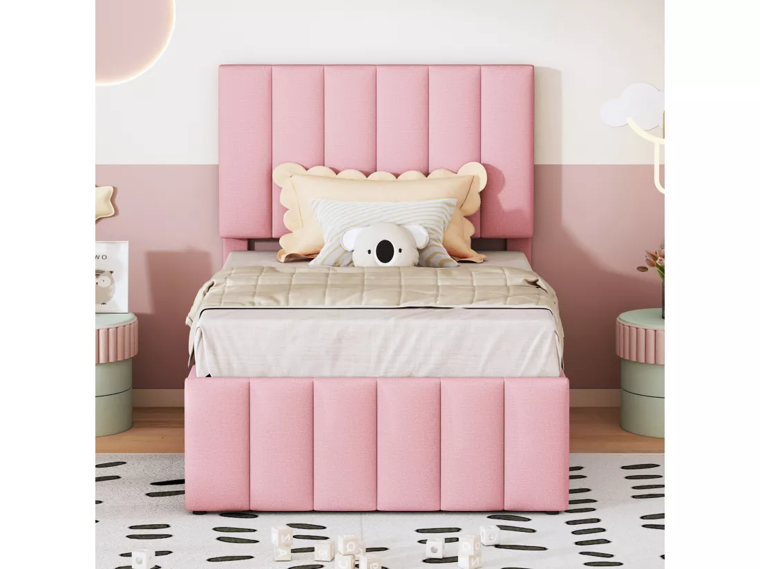 Lit gigogne 90 x 190/200 cm avec 3 tiroirs - tissu lin - sommier à lattes - rose