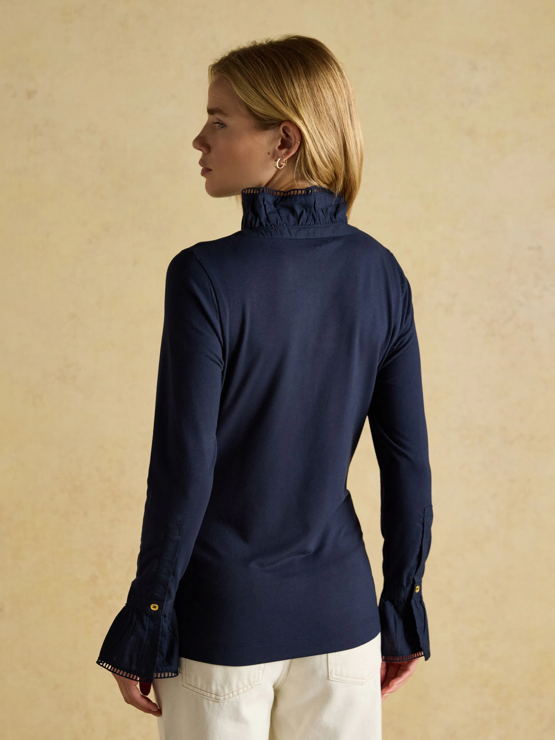 Marineblauw - Joules Kate Lange Mouw Top met Ruches aan de Hals