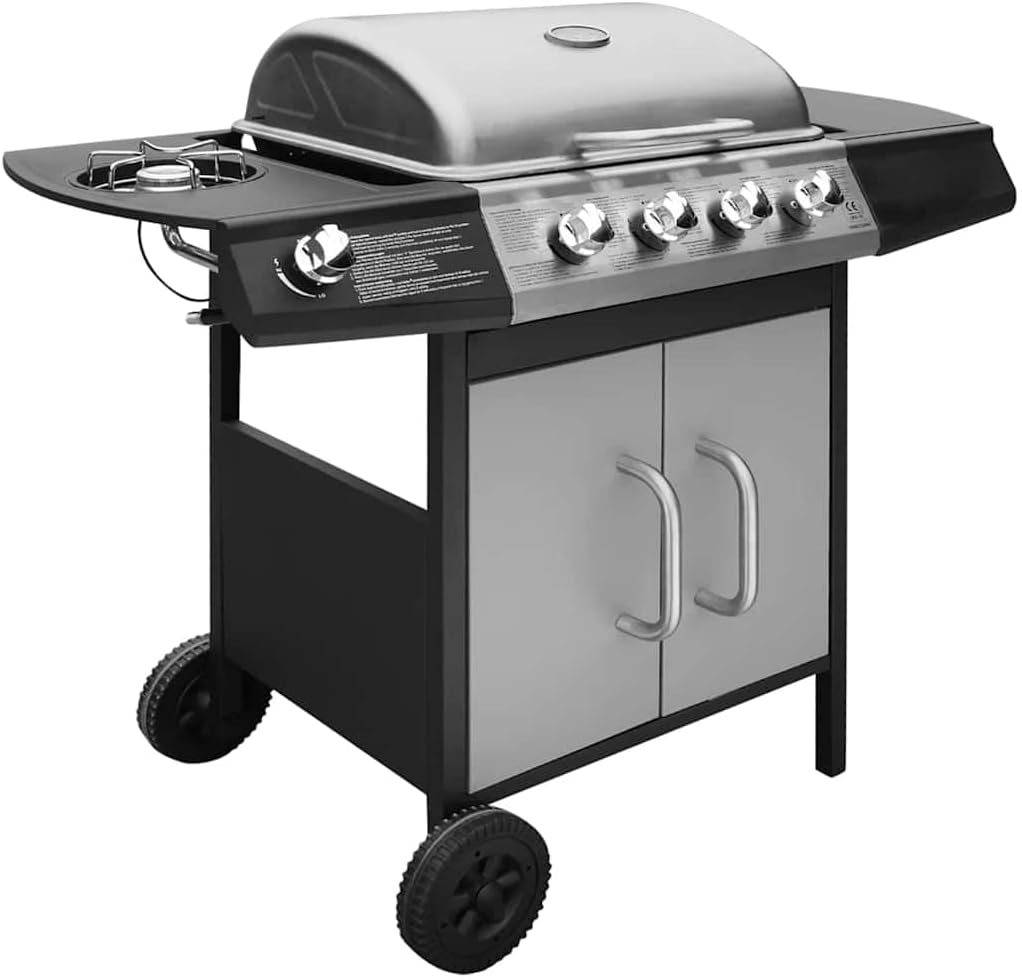 vidaXL Gasgrill mit 4 Brennern 1 Seitenbrenner BBQ Grill Standgrill Grillwagen Grillstation Gartengrill Wagengrill Barbecue Schwarz Silbern