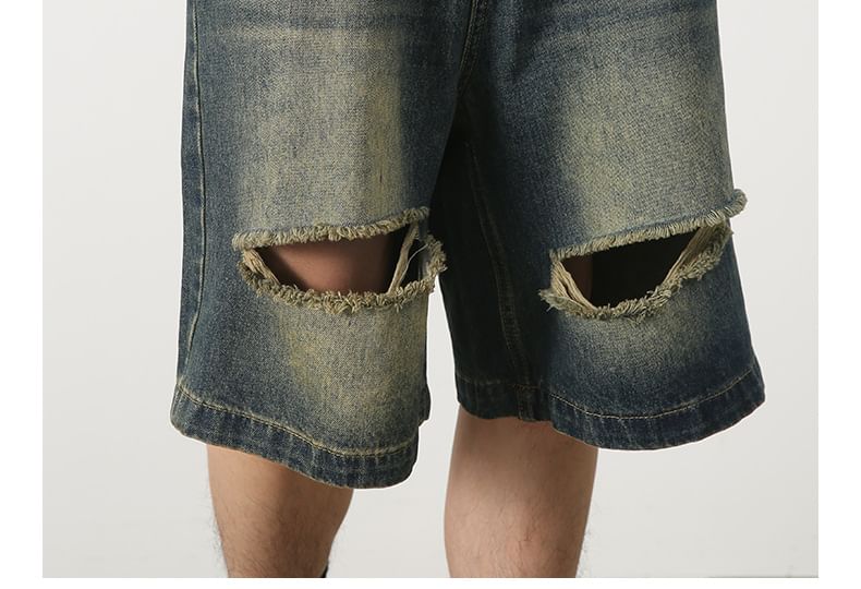 pinkdropper - Gewassen denim vest met kraag en knopen / Lage taille denim shorts met distressed effect