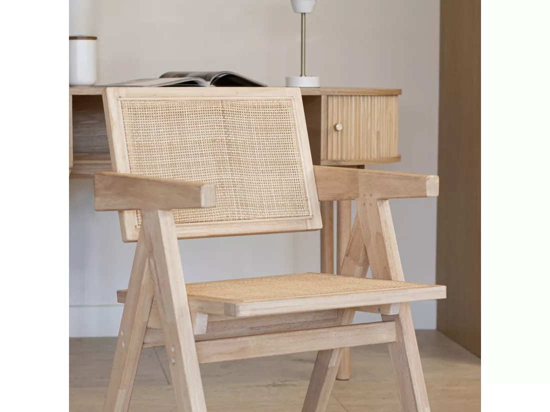 Now's Home - Chaise De Bureau En Bois De Pin Et Cannage Rotin 50x52x80cm Hector