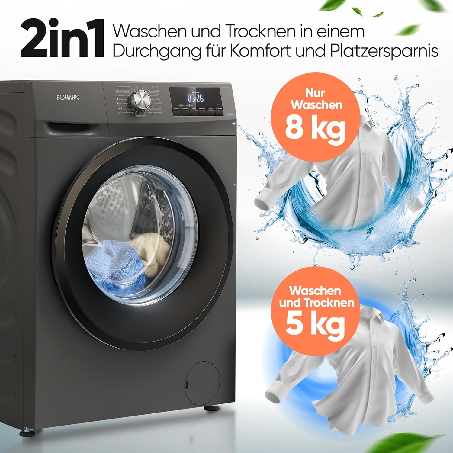 Bomann® Waschtrockner | Waschen und Trocknen | 10 Jahre Motor-Garantie | 8 kg Waschen, 5 kg Trocknen | Invertermotor | 1400 U/Min | Waschmaschine mit Trockner integriert | WAT 7186 titan