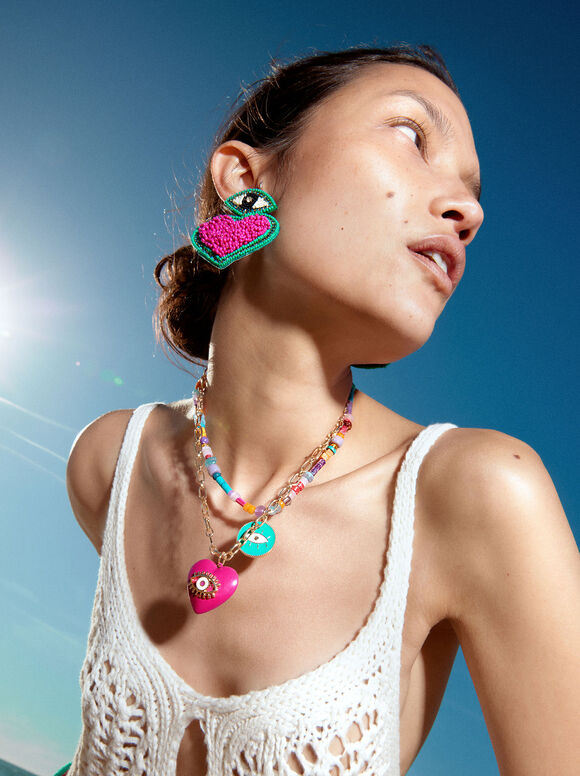 Conjunto de colar com pedra e pingentes - Multicolorido