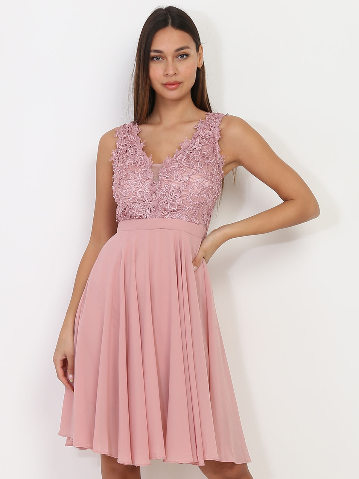 Robe patineuse broderie et perles grandes tailles- Vieux rose