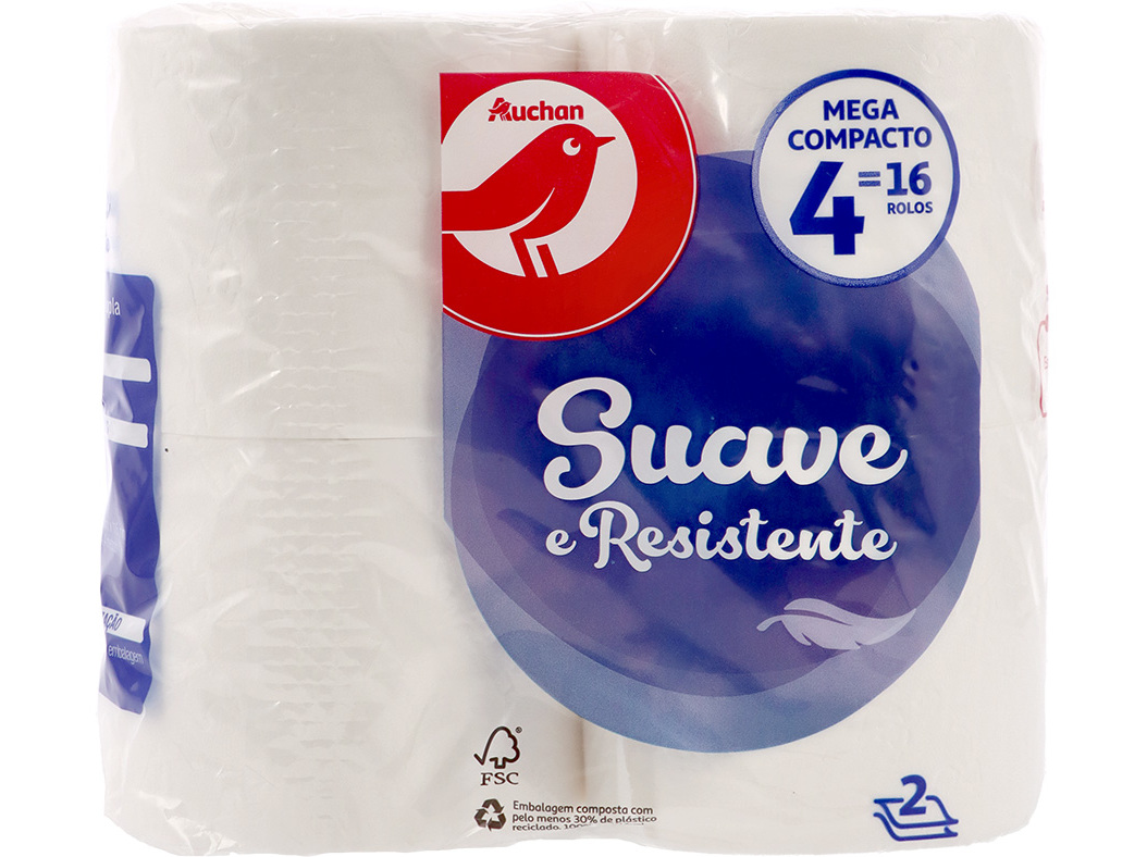 PAPEL HIGIÉNICO AUCHAN SUAVE E RESISTENTE FOLHA DUPLA MEGA COMPACTO 4 ROLOS = 16 ROLOS