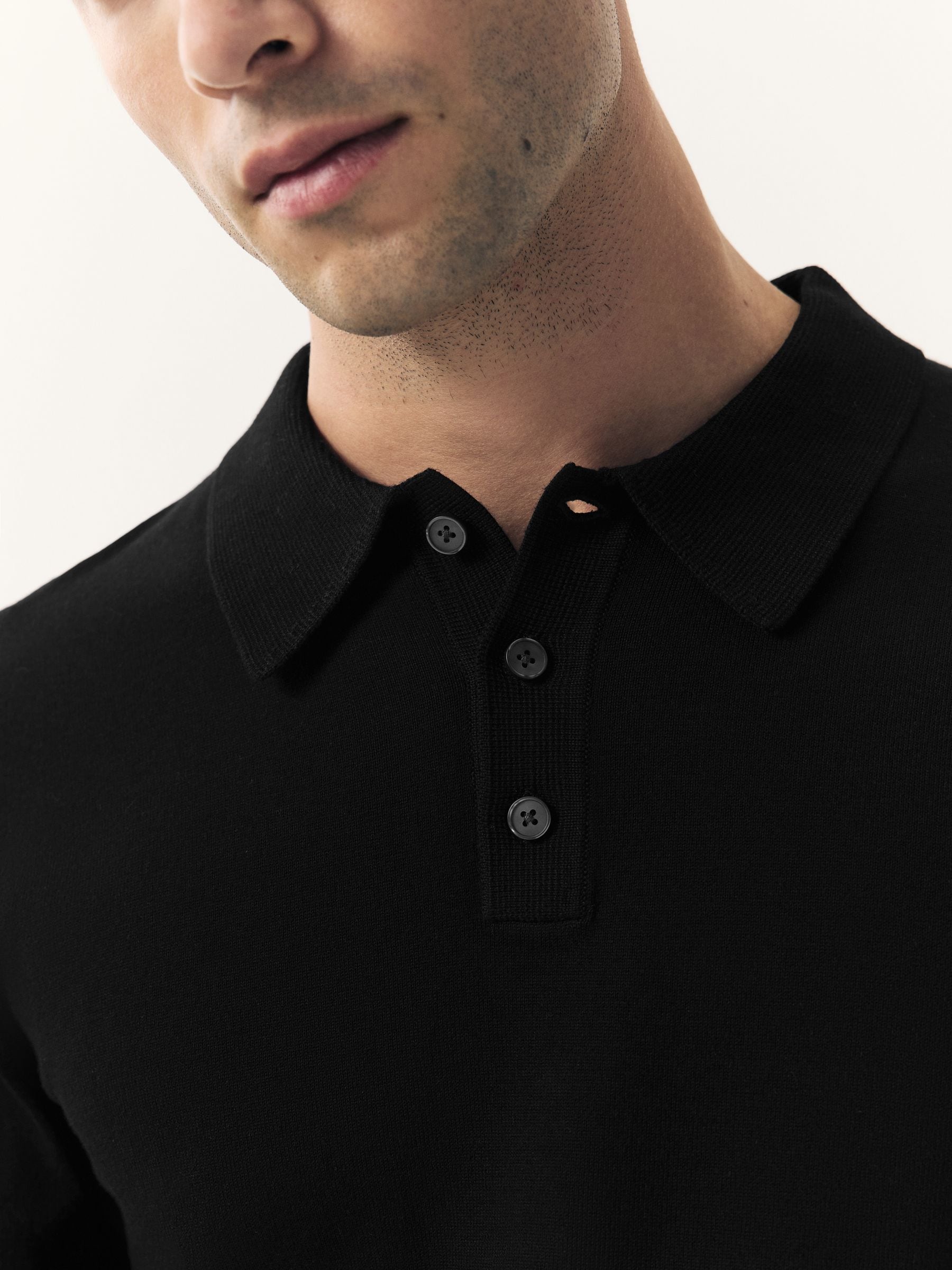 Zwart - Slim Fit - Katoenrijk gebreid poloshirt met lange mouwen