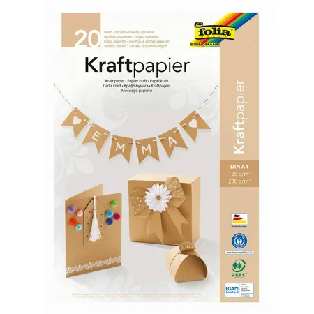 Folia Kraftpapierblock Mix mit 10 Blatt Kraftpapier 120 g/m² und 10 Blatt Kraftkarton 230 g/m², DIN A4, unifarben natur