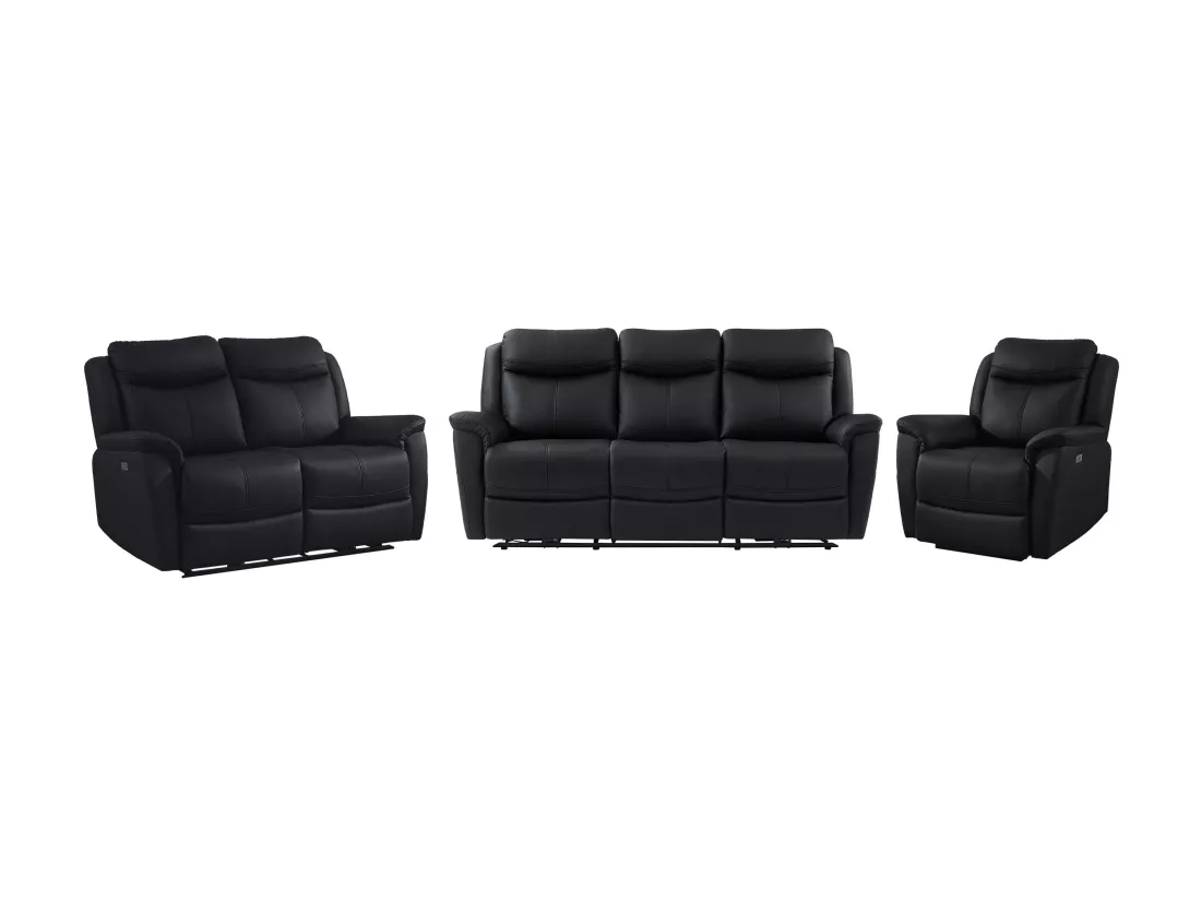 Canapés 3 places 2 places et un fauteuil relax électrique en cuir de vachette noir NOMAJO