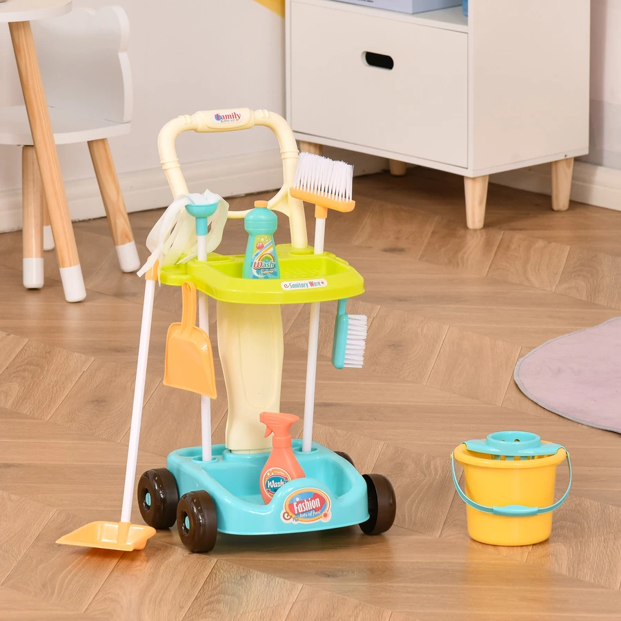 HOMCOM Kinderreinigungsset mit Rollen und passendes Zubehör bunt