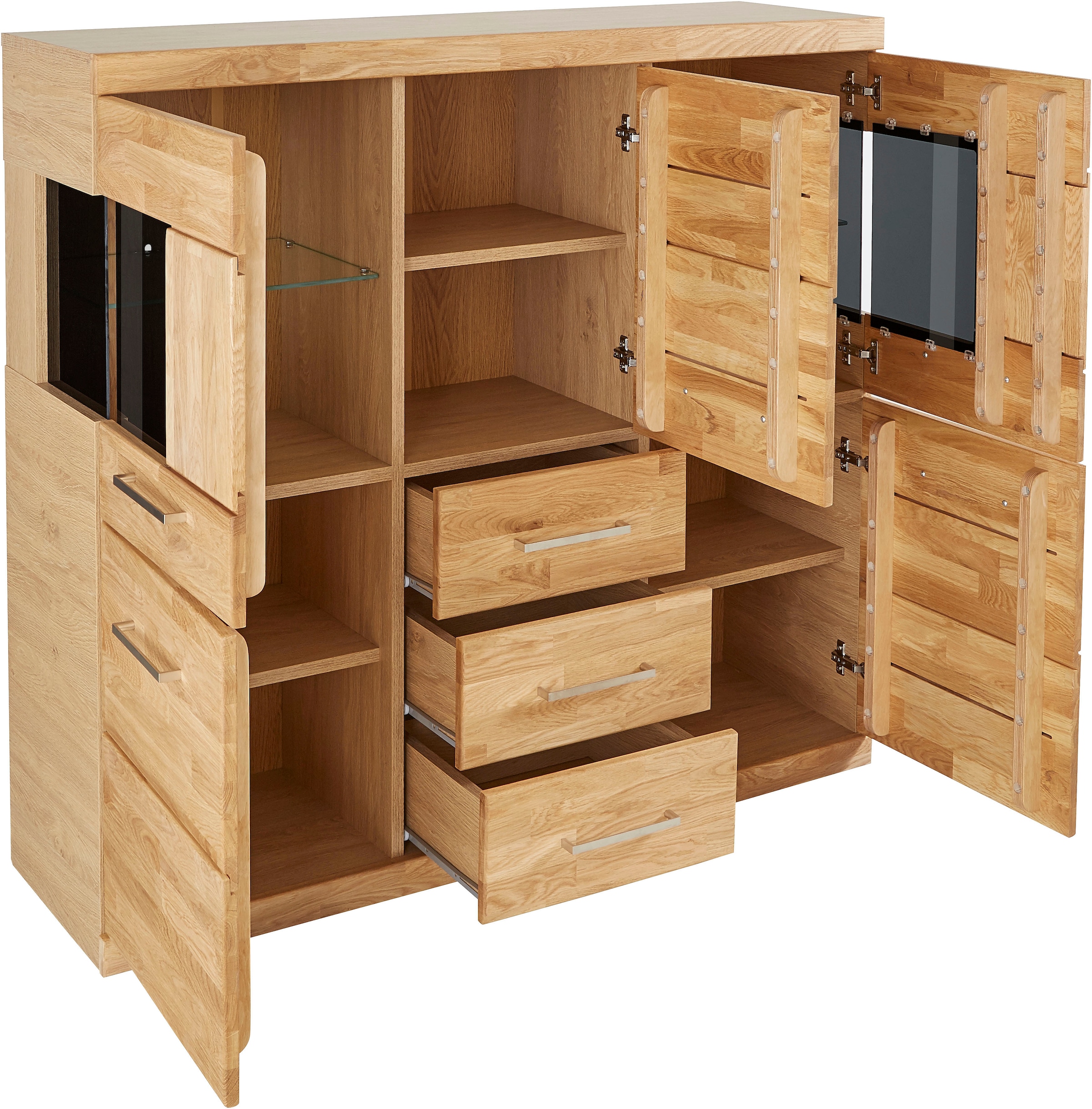 Home affaire Highboard »Ribe,125cm breit,115cm hoch, Fronten Massivholz,5Türen,3 Schubladen« Holz massiv, Holzwerkstoff, Metall Griffe,10Fächer, Böden versetzbar