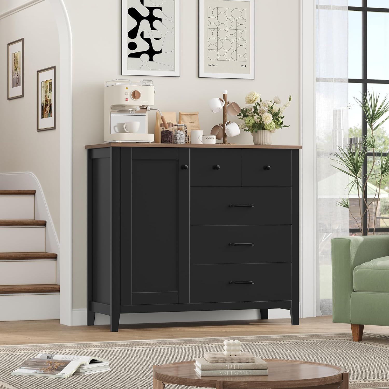 HOCSOK Sideboard, Küchenschrank mit 5 Schubladen und 1 Tür, Buffetschrank mit Arbeitsplatte für Küche, Esszimmer, Wohnzimmer, Flur, Holz, Schwarz & Braun