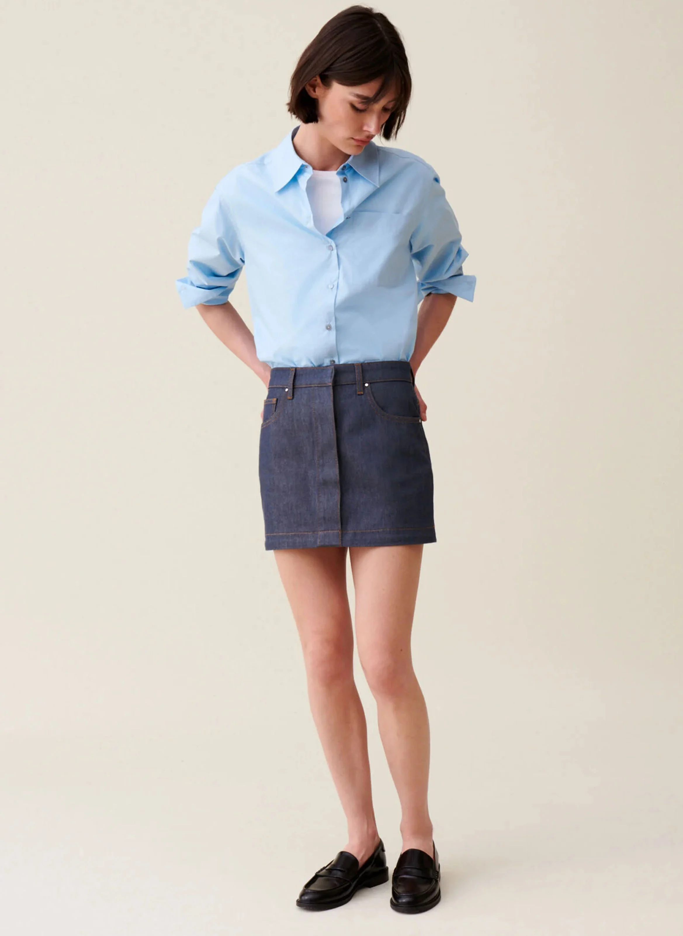Jupe denim zippée en coton mélangé | Bleu