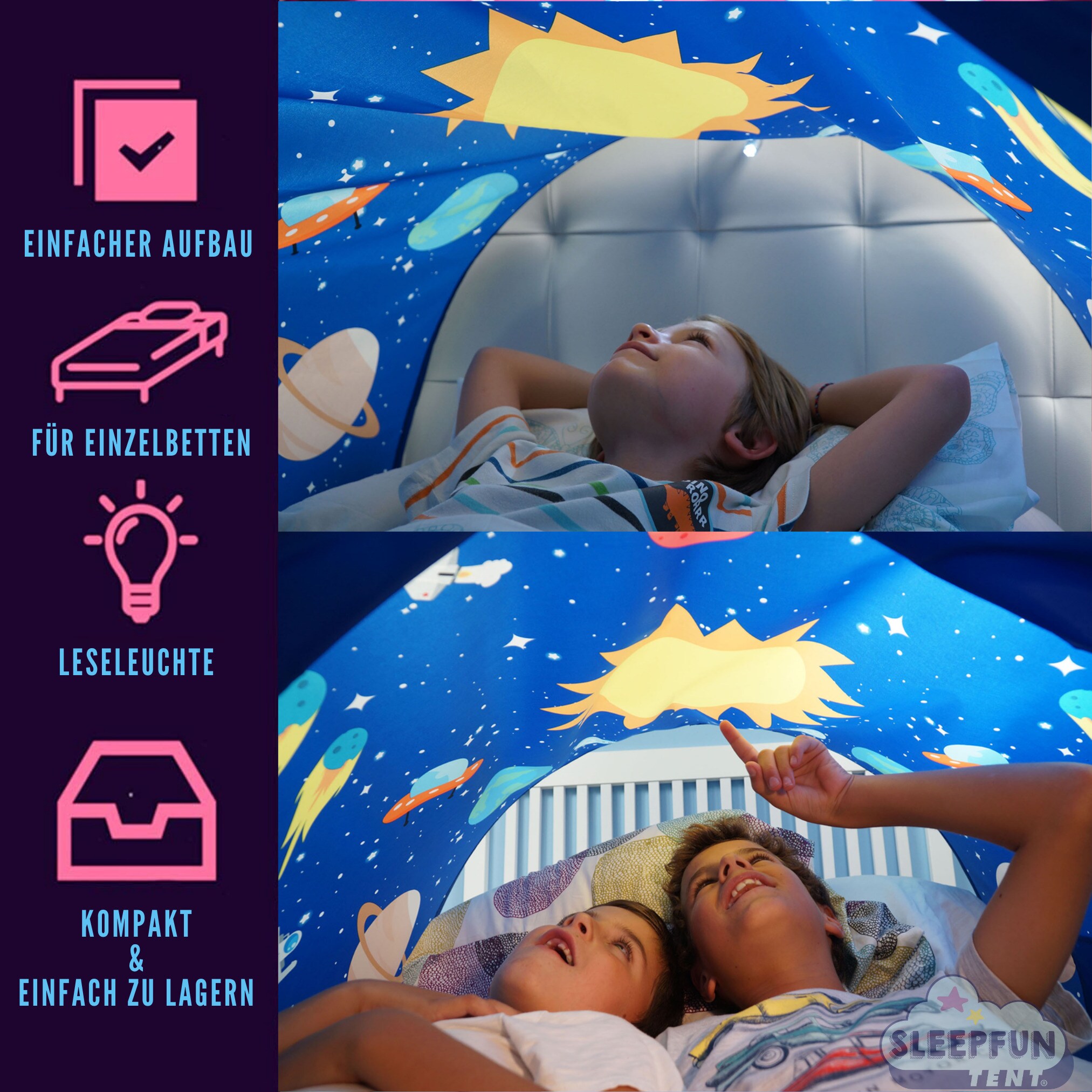 Sleepfun Tent® Betthimmel Pop up Zelt - Betttunnel Planet Party