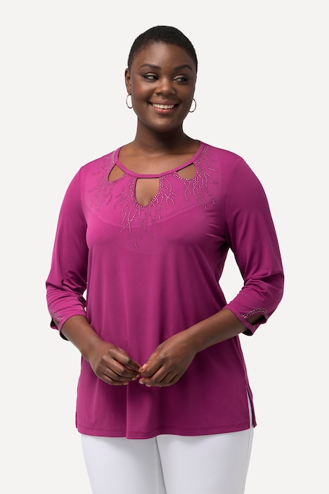 Shirt, Cut-Outs, Ziersteine, Rundhals, A-Linie, 3/4-Arm