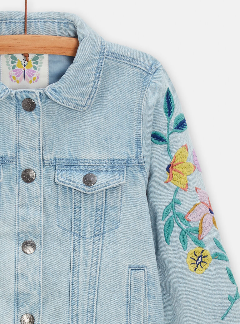 Veste en jean clair avec broderies fleuries pour fille