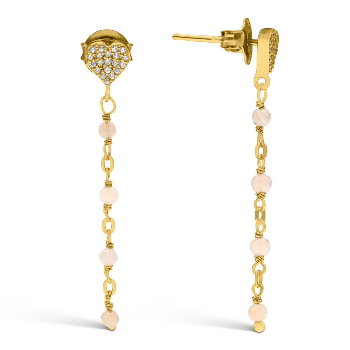 Boucles D'oreilles Argent Doré Pendantes Coeur Pierres Opale Rose