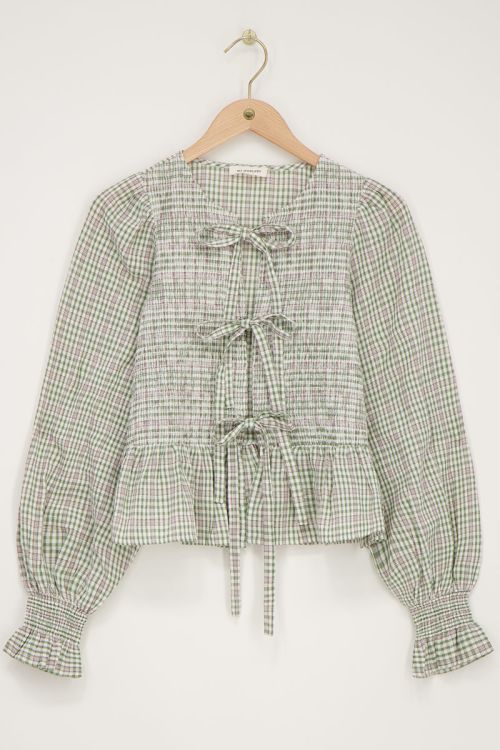 Groen gesmokte blouse met ruitjes & strikjes