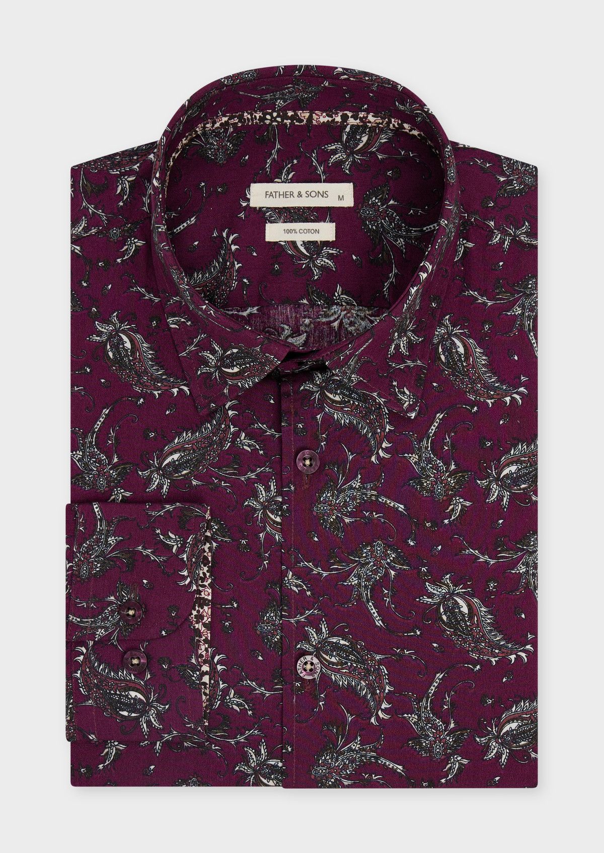 Chemise sport Slim en popeline de coton aubergine à motif cachemire blanc