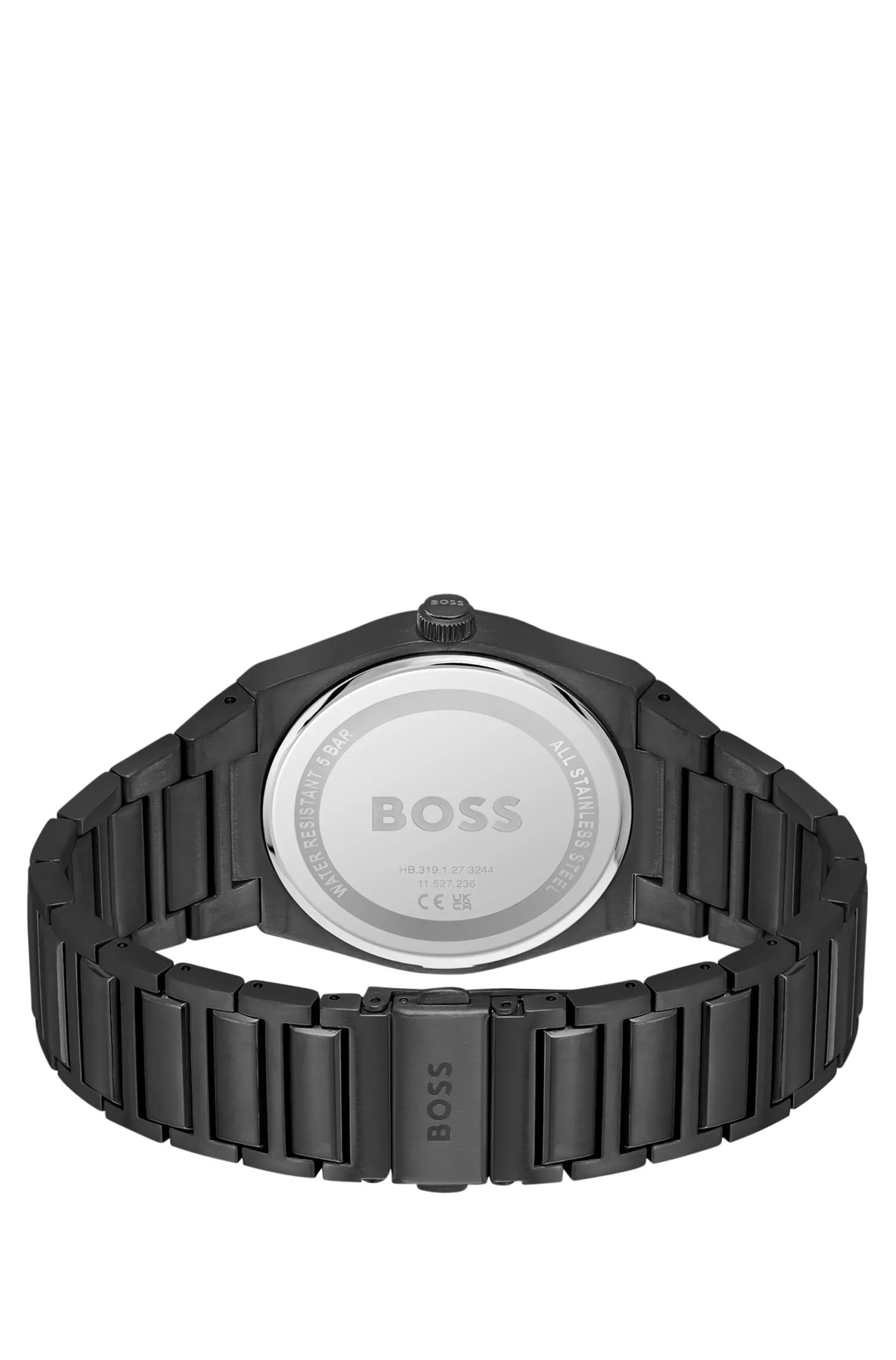 Relógio BOSS preto com revestimento preto e pulseira de elos.