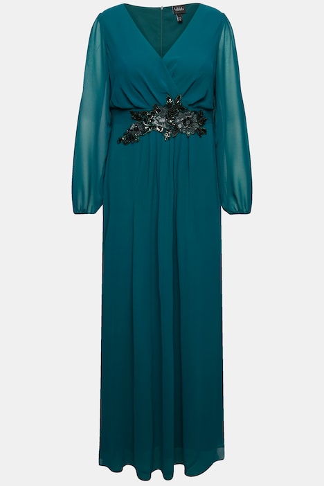 Abendkleid, V-Ausschnitt, bestickter Gürtel, Langarm