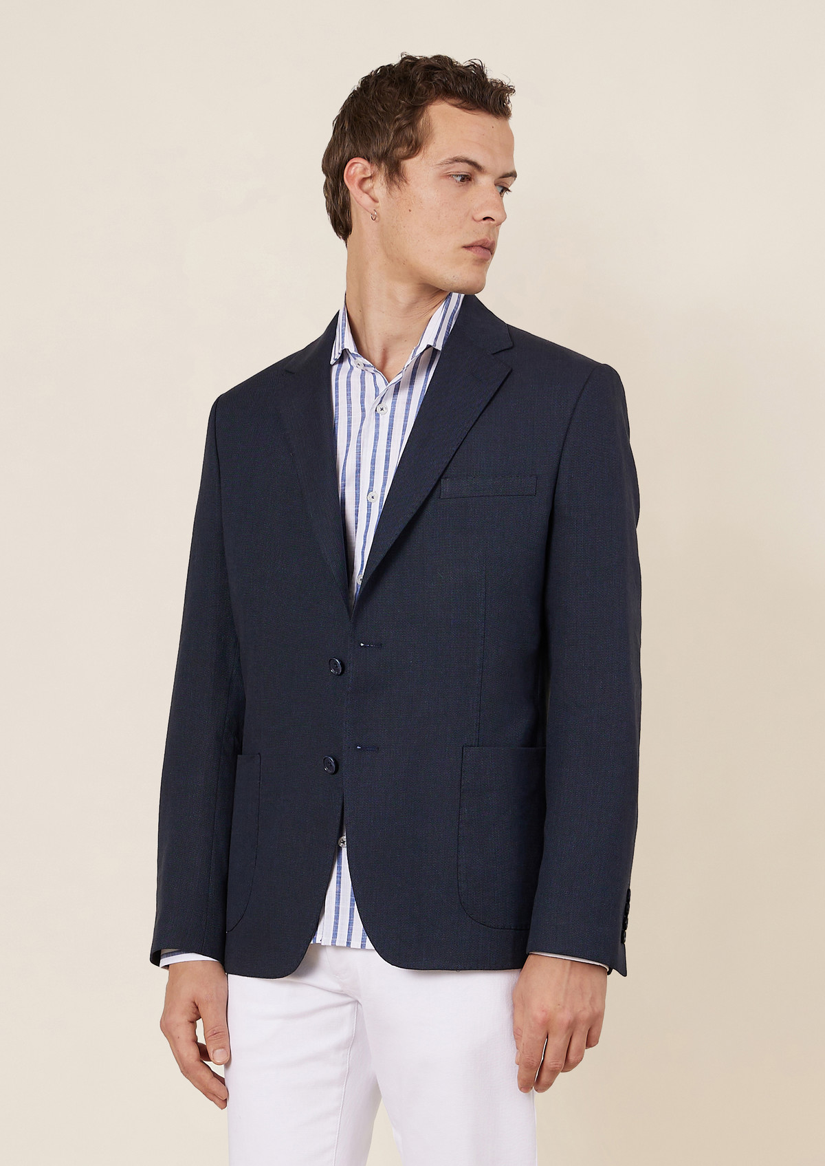 Veste casual Regular en coton et lin unis bleu marine
