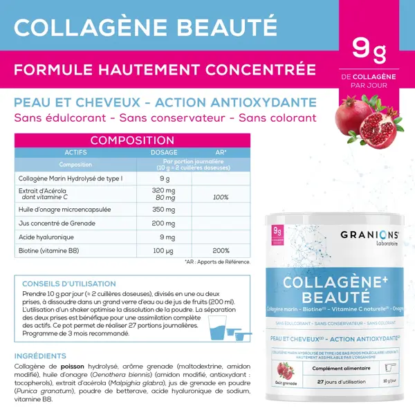 Granions Collagen Beauty+ - Pacote com 2 sachês de colágeno marinho hidrolisado tipo I em pó, sabor romã, tratamento de 2 meses.