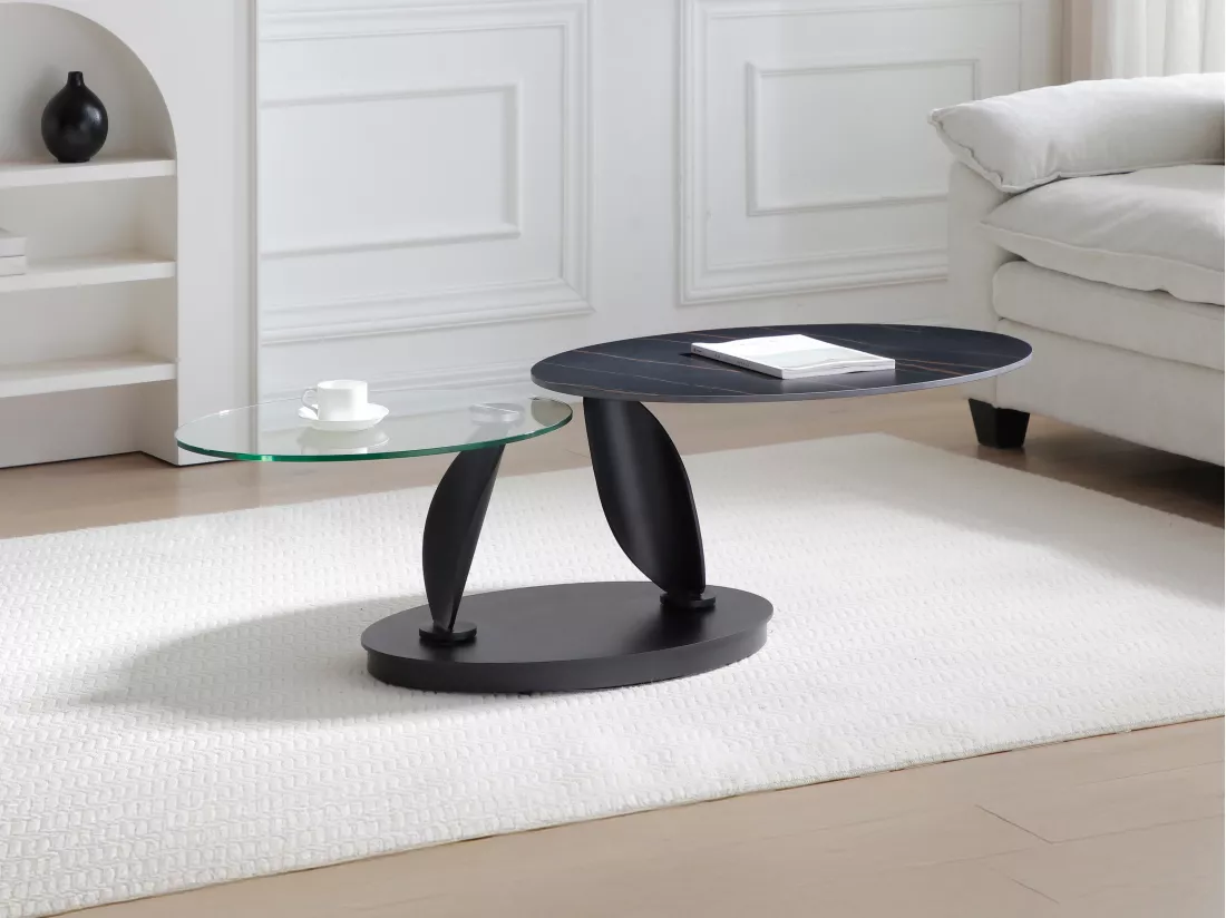 Table basse avec plateaux pivotants en céramique, verre trempé et métal - Effet marbre noir - MANEYA de Maison Céphy