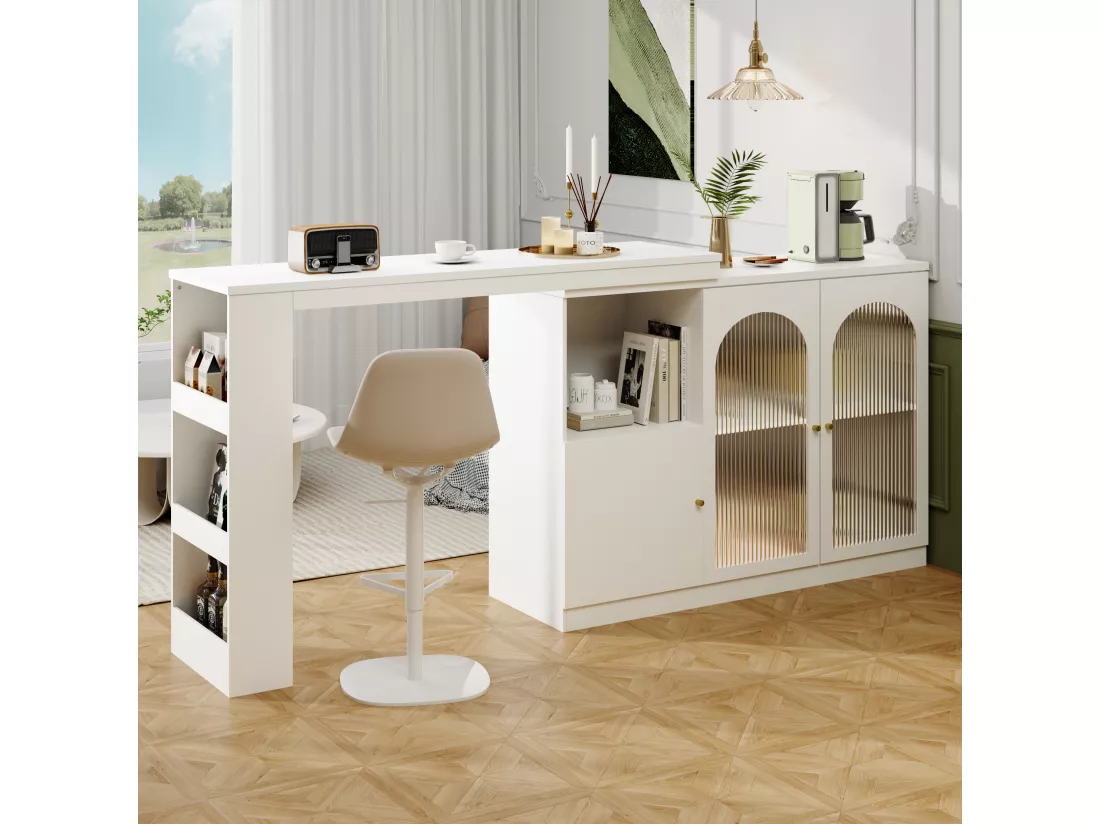 Meuble de bar pivotant - 3 portes et étagères de rangement - Bois MDF et verre - pour salle à manger ou salon - Blanc