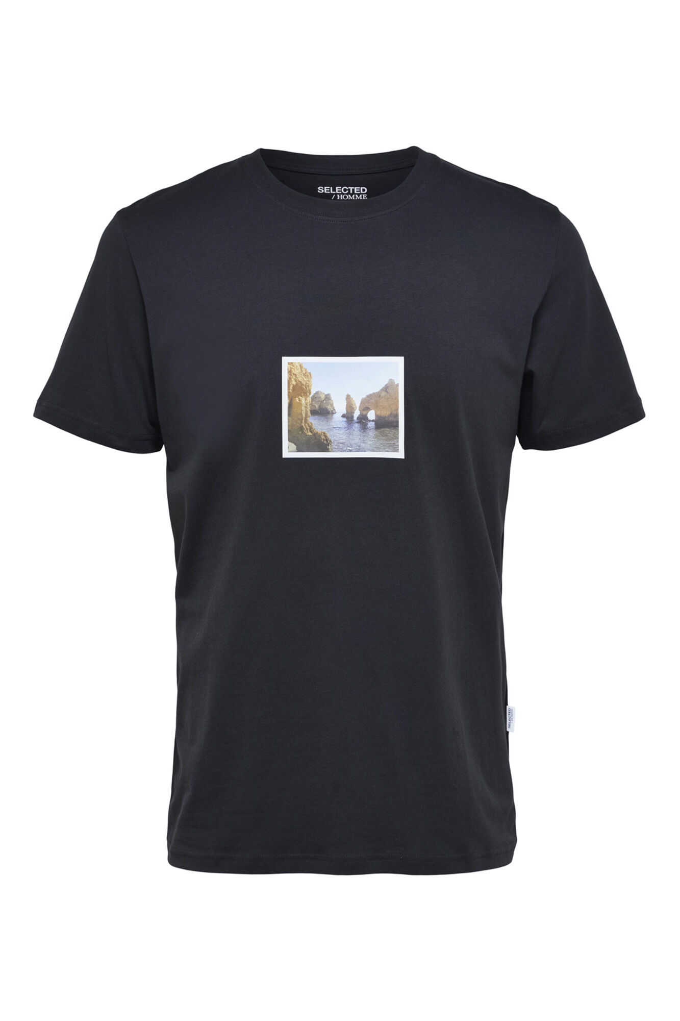 Camiseta de manga curta em algodão orgânico com estampa. - Preta