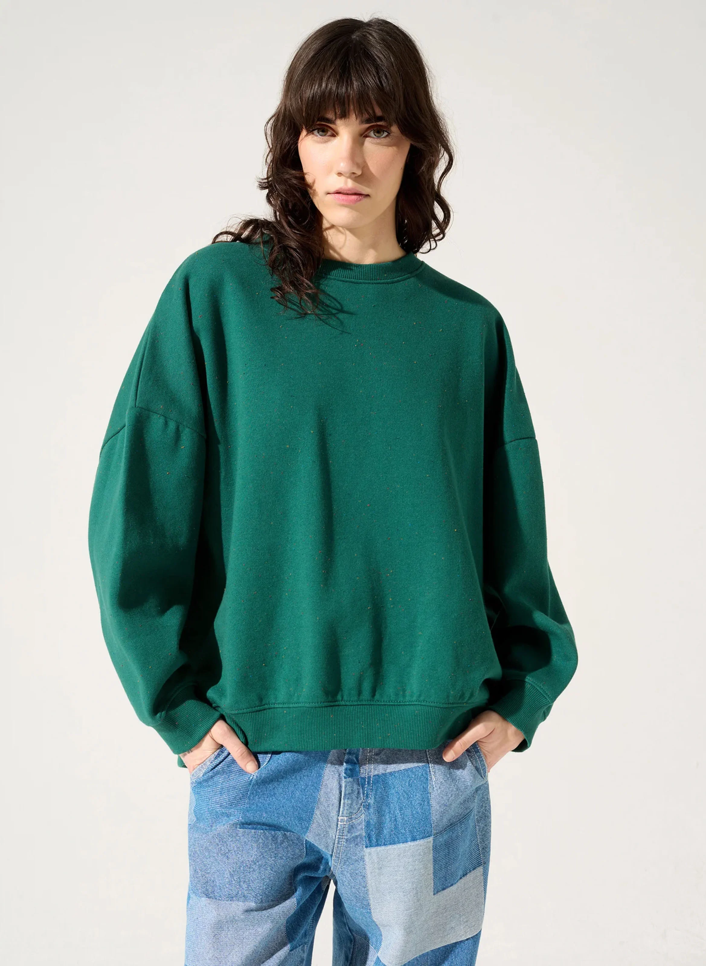 JENA - Sweat col rond oversize en coton mélangé | Vert