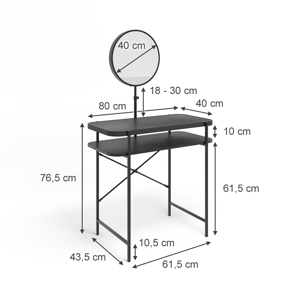 Vicco Schminktisch Skip, 80 x 147 cm, Schwarz, Frisiertisch mit Spiegel, Metall