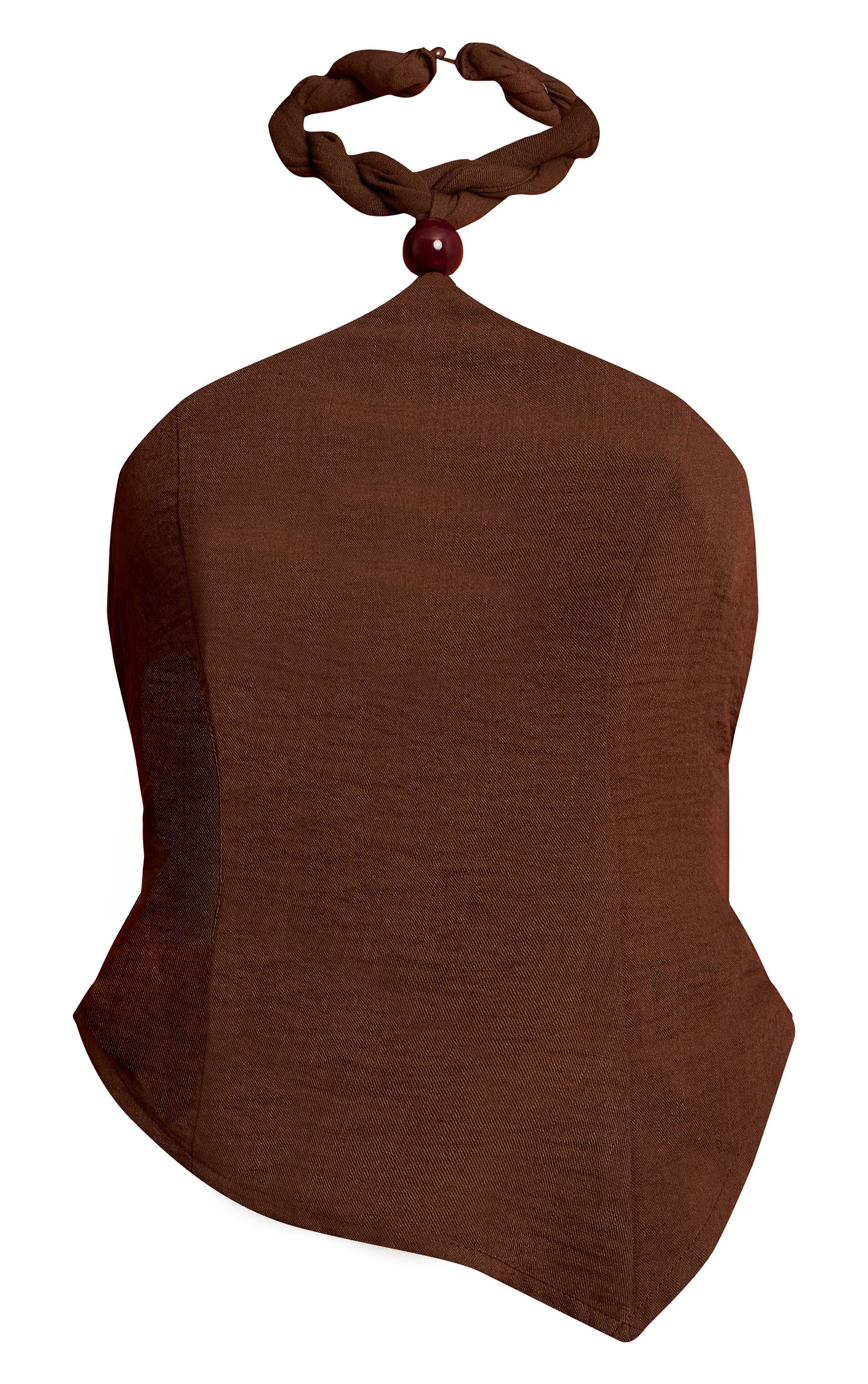 Chocolat Top Col Halter Tressé Effet Lin Ajusté