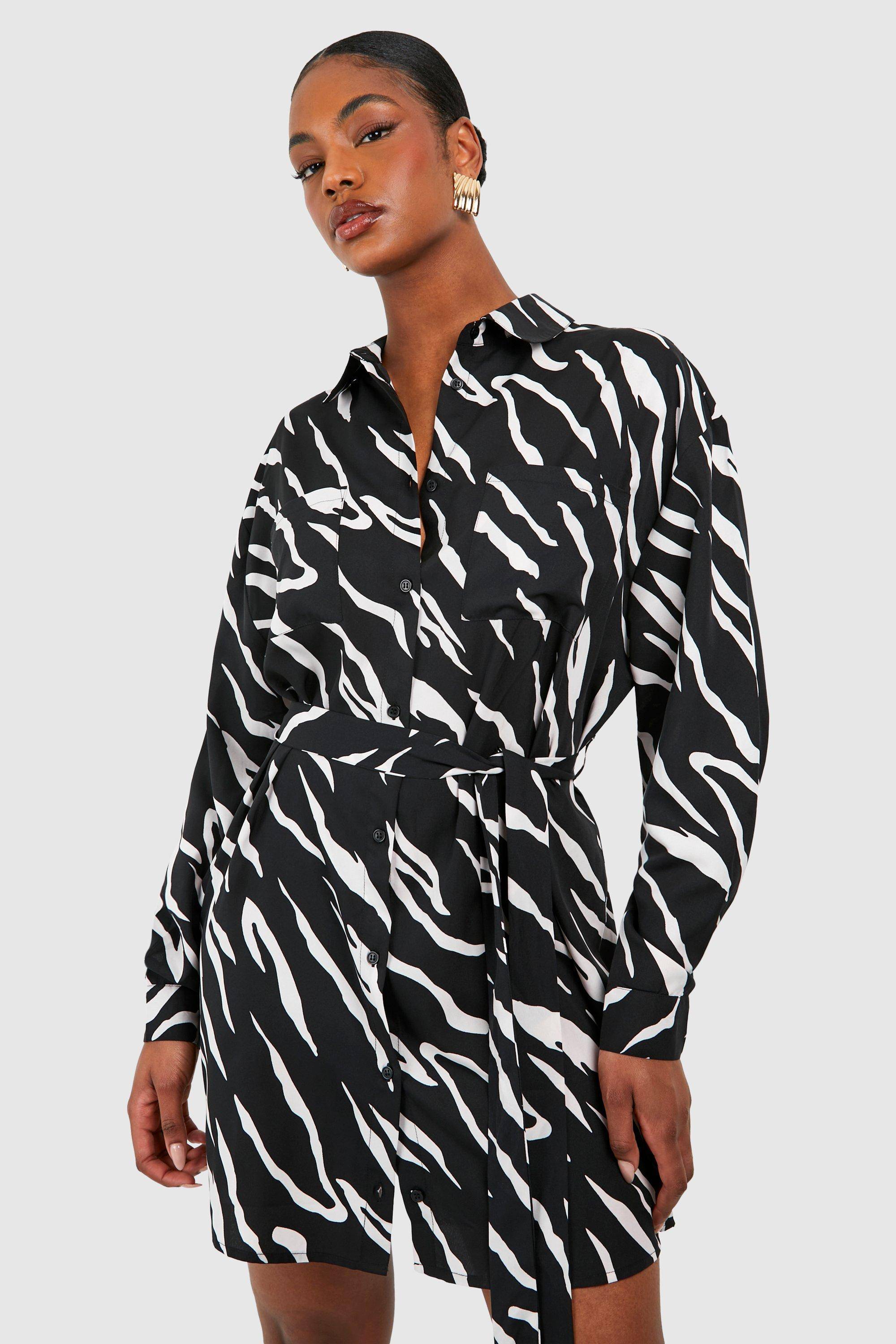 boohoo Tall Woven Zebra Belted Shirt Dress
