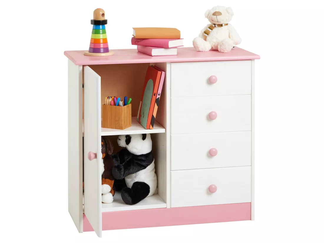Commode enfant RONDO lasuré blanc et rose en pin passif buffet meuble de rangement pour chambre enfant avec 4 tiroirs et une porte