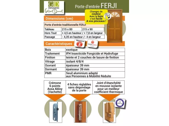 Porte D'Entrée Bois Vitrée, Ferji, H,215Xl,90 P,Gauche + Poignée Et Barillet (Ref 010403Fp) Cote Tableau