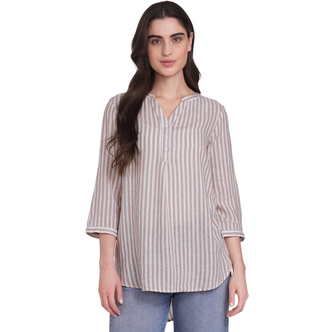 Gina Damen Leinen-Bluse mit Streifen hellbraun / weiss