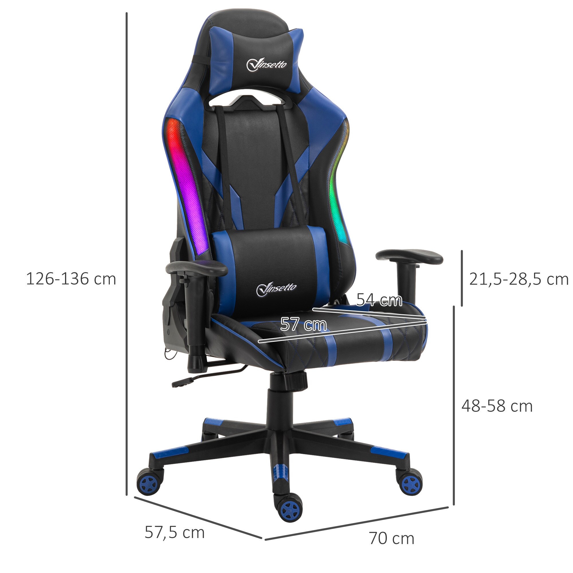 Vinsetto Gaming Stuhl mit LED-Beleuchtung schwarz, blau 70B x 57,5T x 126-136H cm
