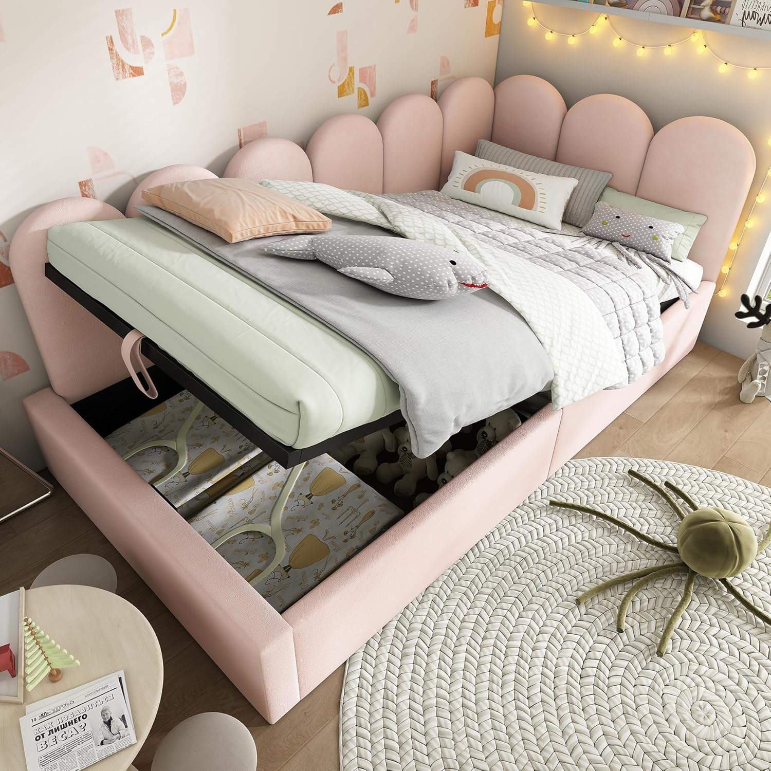 Polsterbett Daybett, Schlafsofa mit hydraulischem Stauraum, Kinderbett mit Metall-Lattenrost(ohne Matratze), Samt, 90x200 cm,Rosa