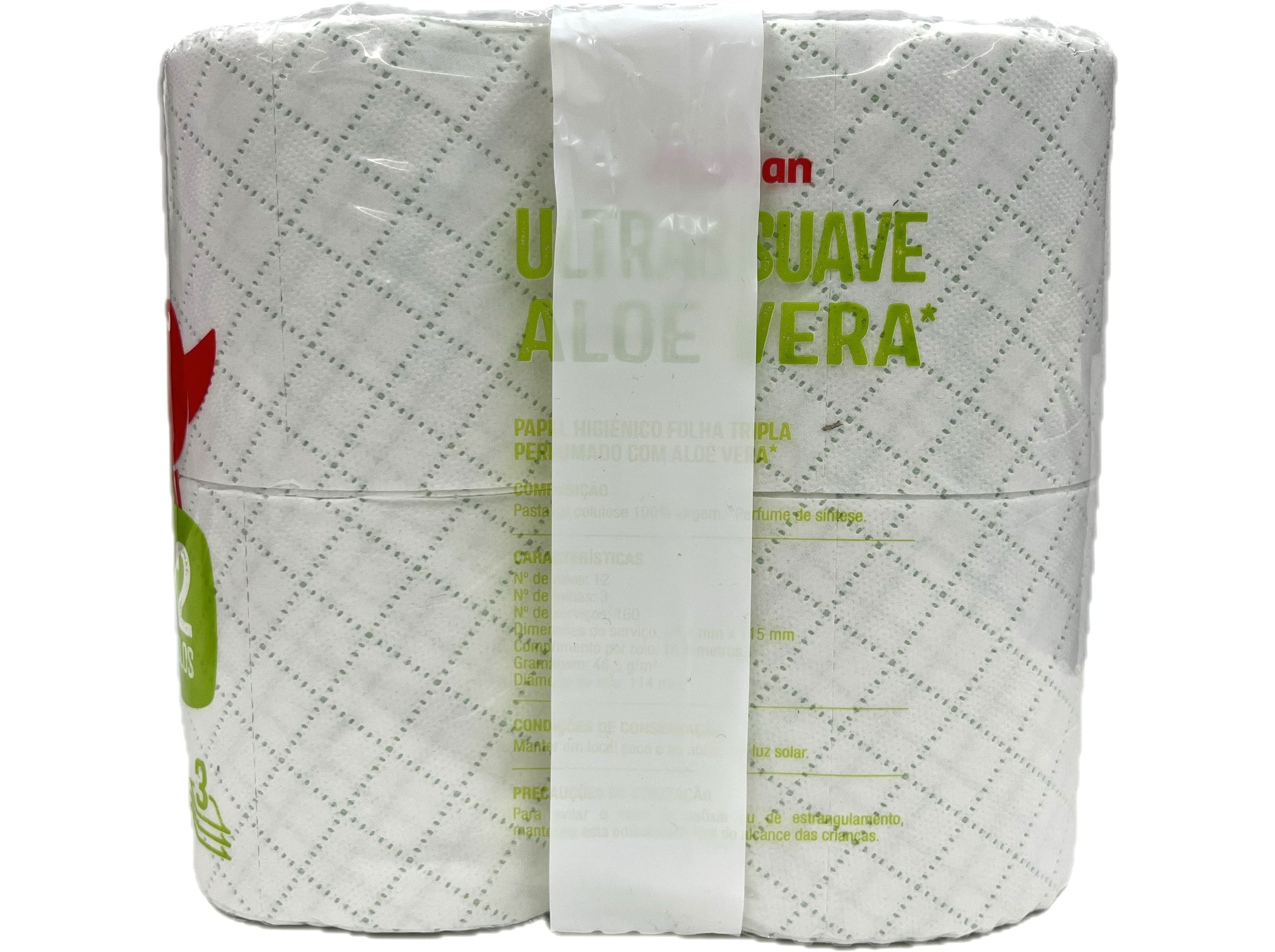 PAPEL HIGIÉNICO AUCHAN ULTRASSUAVE ALOÉ VERA 3 FOLHAS 12 ROLOS