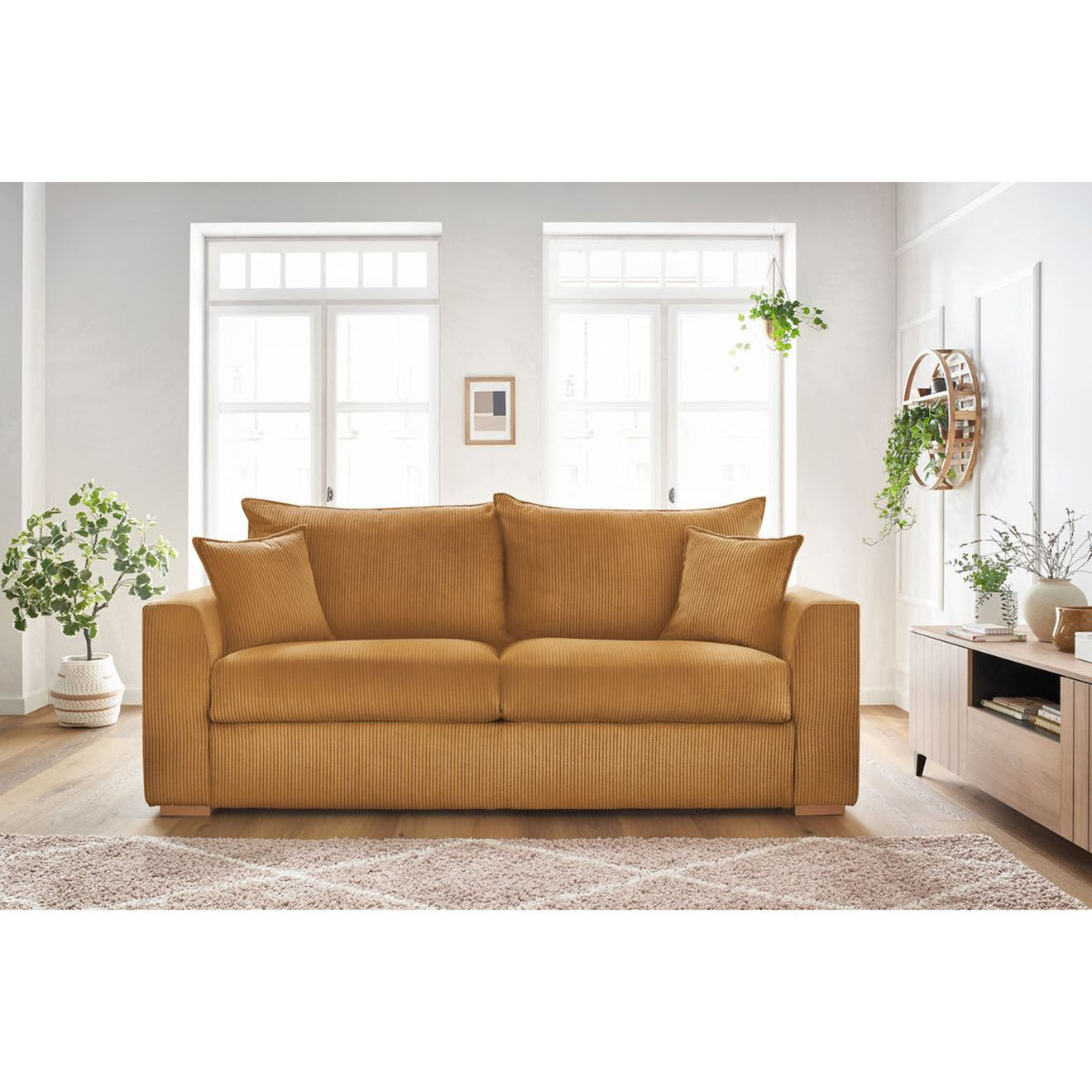 Bobochic Canapé droit convertible express en Velours côtelé 3 places Augustin jaune - 205x96x97 cm