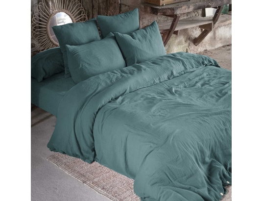 TERRE DE NUIT - Parure de lit housse de couette Parure de lit double gaze de coton bleu canard 240x220 cm