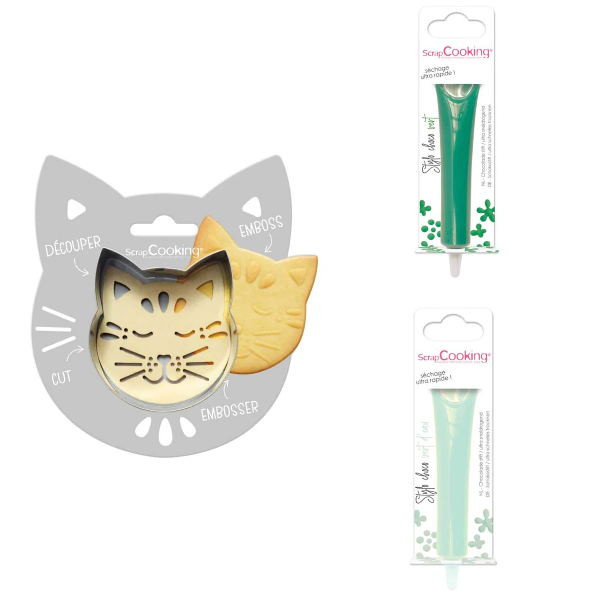 Kit pour biscuit en relief Chat + 2 Stylos au chocolat vert et vert d'