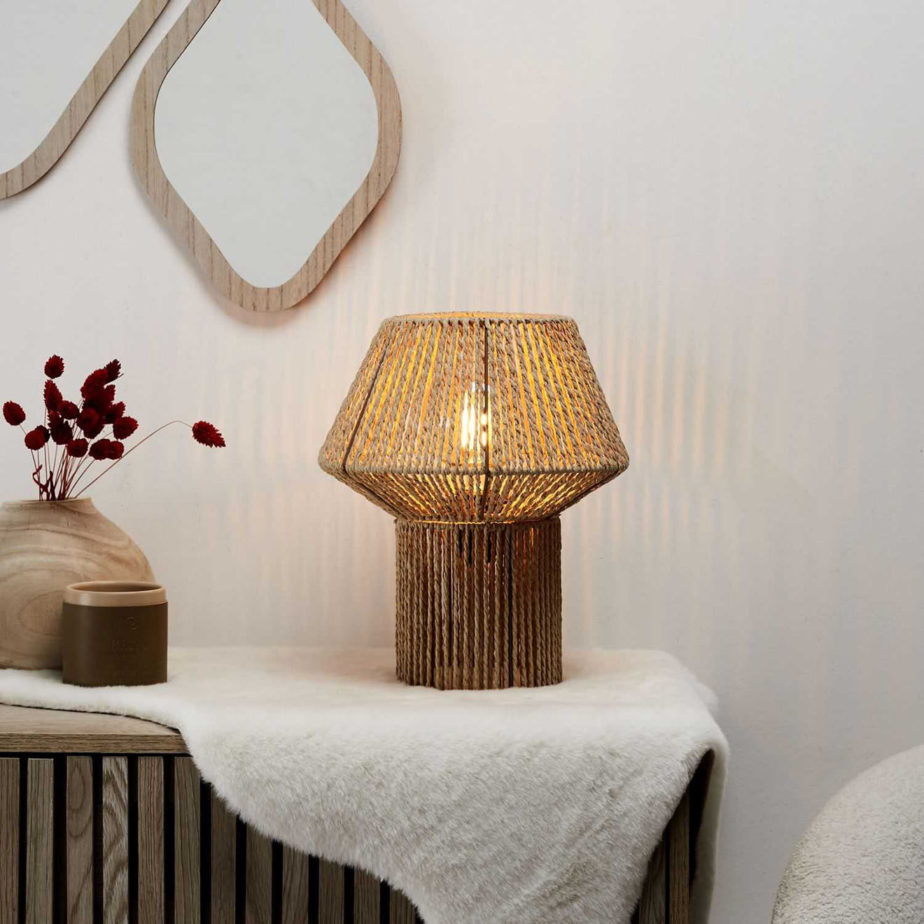 Home Deco Factory Lampe abat jour effet corde tressé beige/marron - 26.5x33x26.5 cm