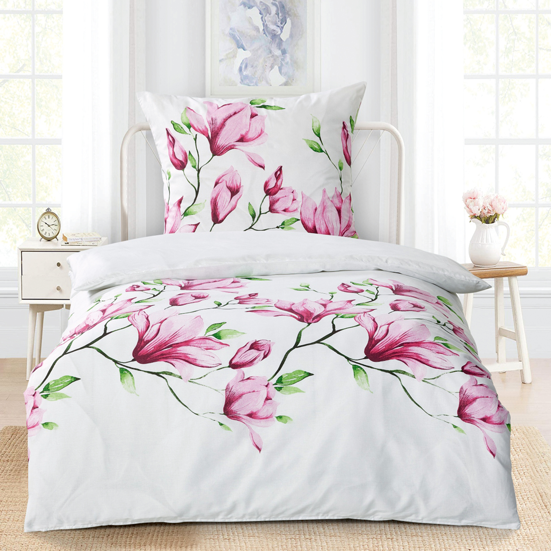 Renforcé-Bettwäsche - weiß-pink - floral - 135x200 cm
