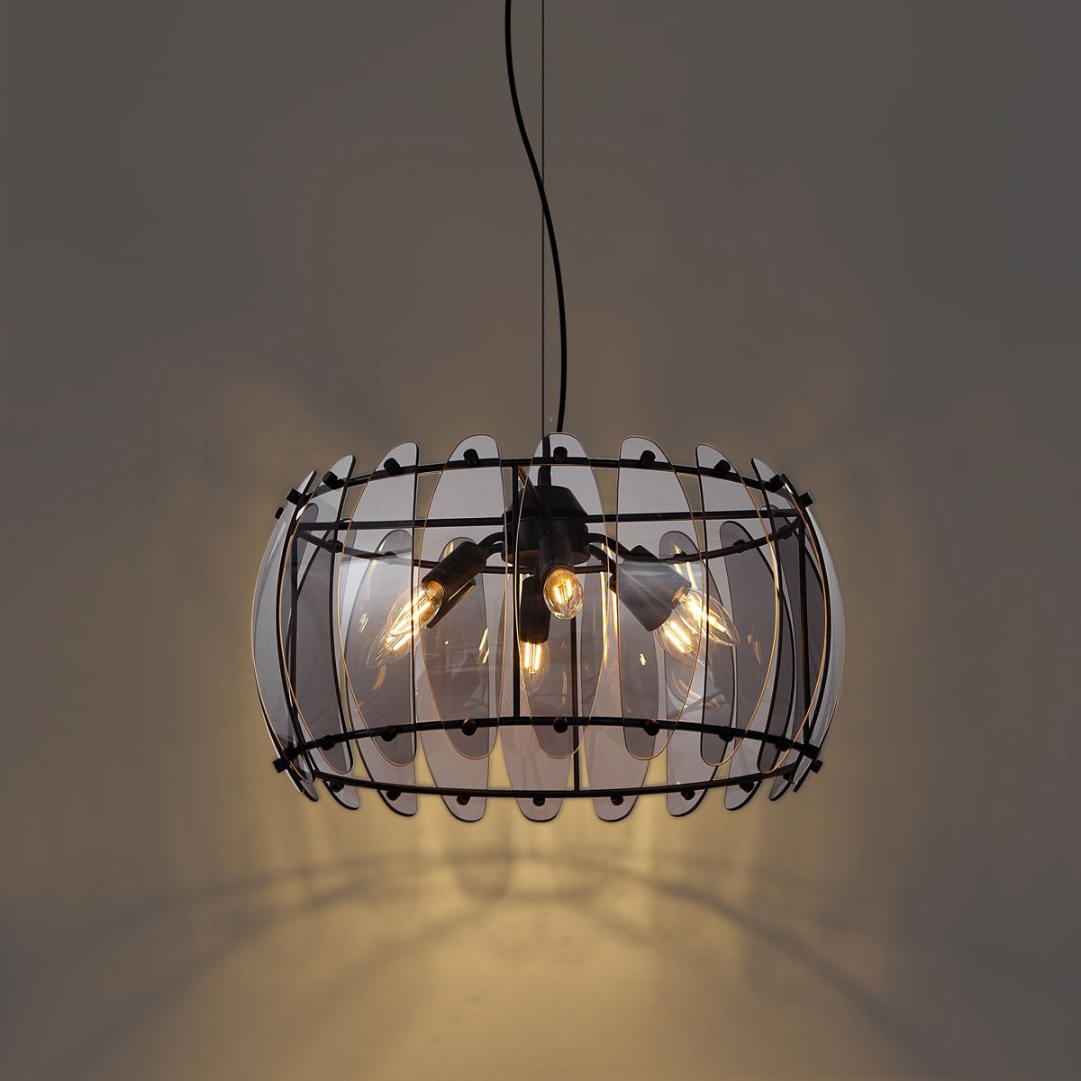Design hanglamp zwart met smoke glas rond 6-lichts - Mochan