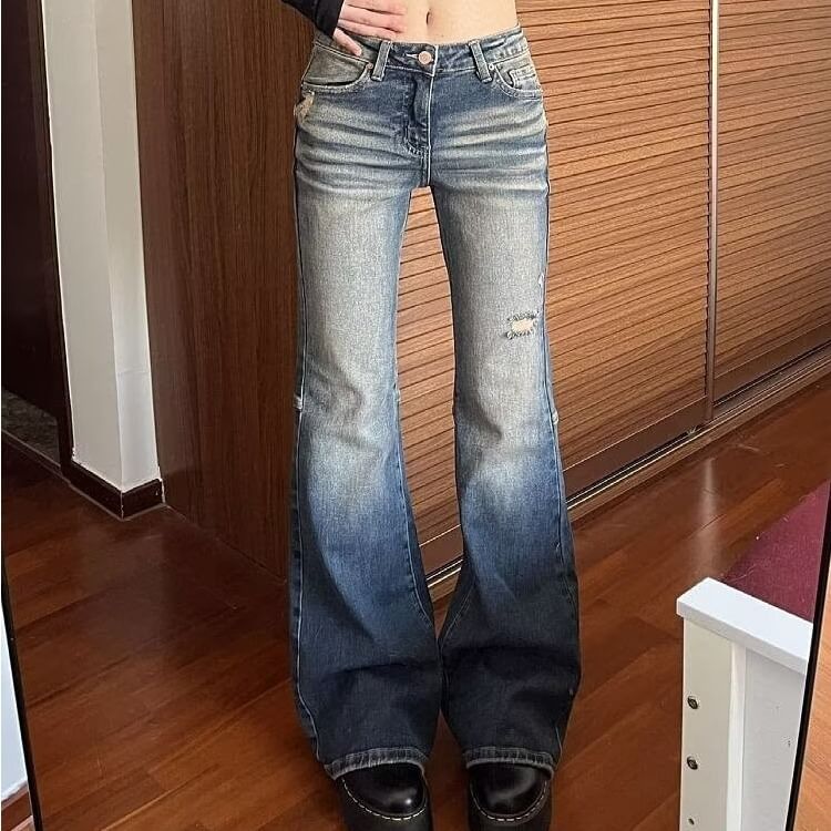 Rosesand - Low Waist Washed Ripped Slim-Fit Boot-Cut Jeans