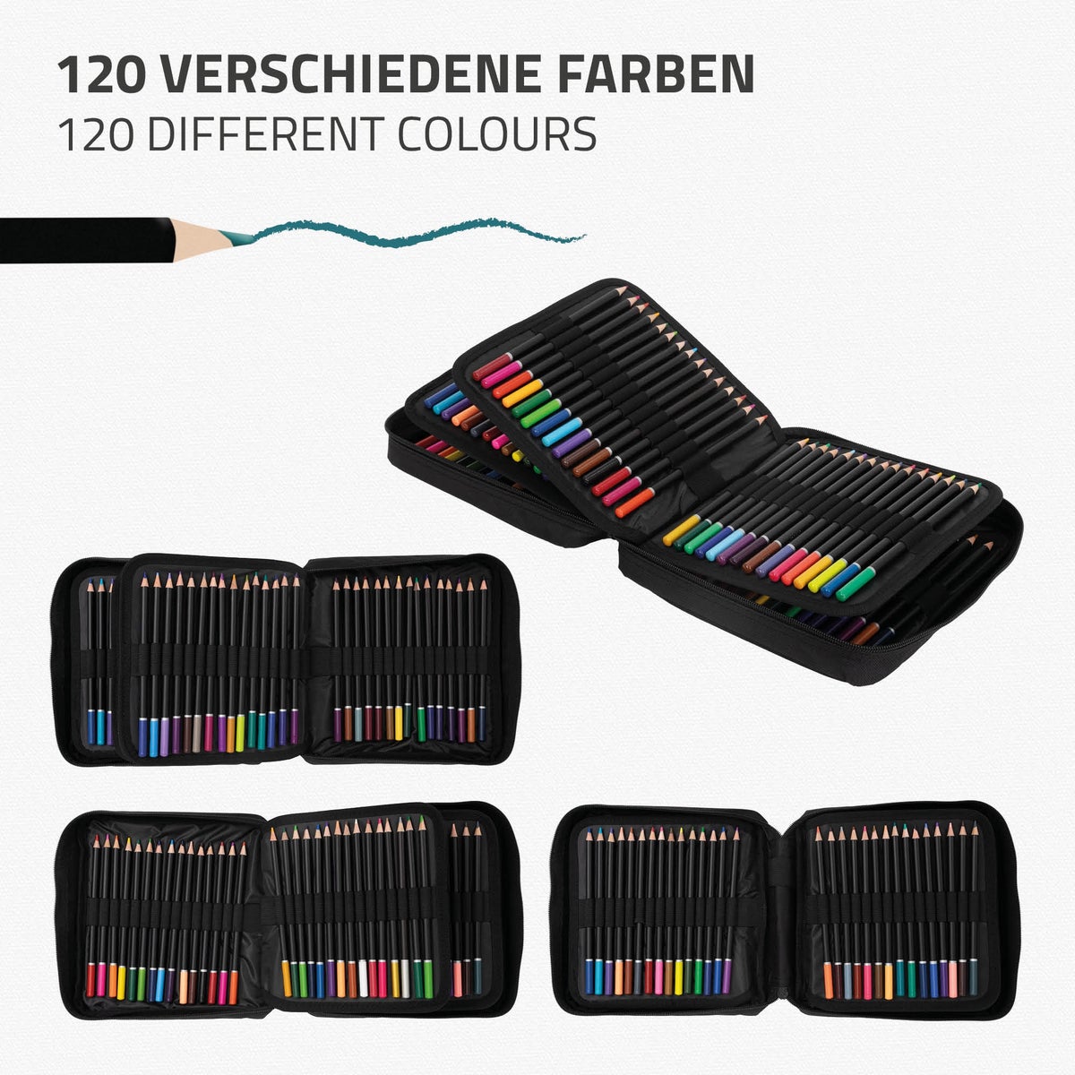 ECD Germany 120 kleurpotlodenset voor kinderen en volwassenen, zachte kern, professionele tekenset in etui met rits, kleurpotloden om te tekenen en kleuren, tekenpotloden