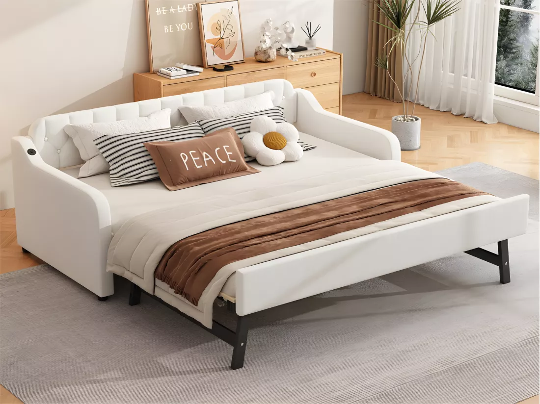 Lit gigogne 90x200cm - avec Port USB - tissu en Lin - Beige